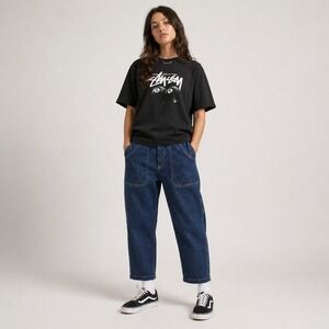 RVCA High Rise Button Fly Crop Jeans Womens Small Wide Leg Denim Blue